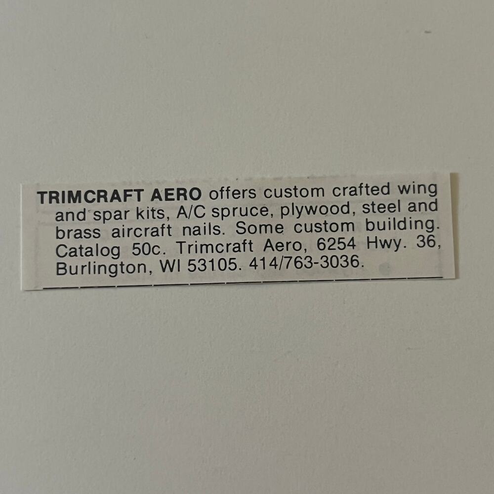 Trimcraft Aero Burlington WI 1979 Sport Aviation Clipping SAH5-S54